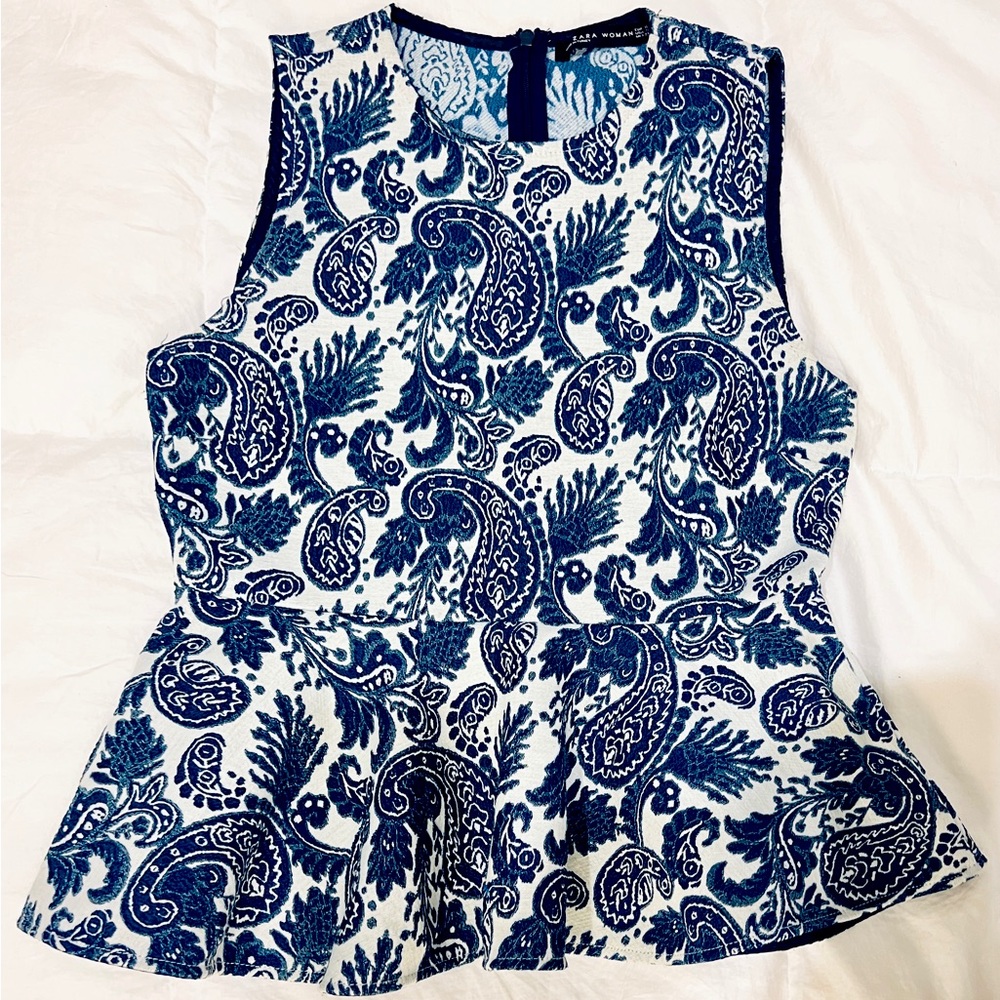 Zara Royal Blue & White Paisley Pattern Cotton Peplum Top (XS)